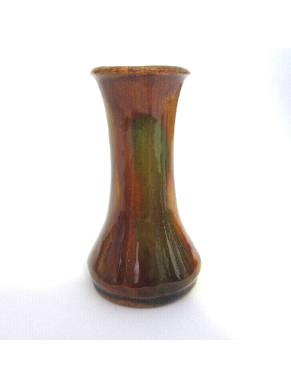 Antique Rockingham Glaze Art Pottery Bud Vase 4.5" Mottled Brown Green Stoneware